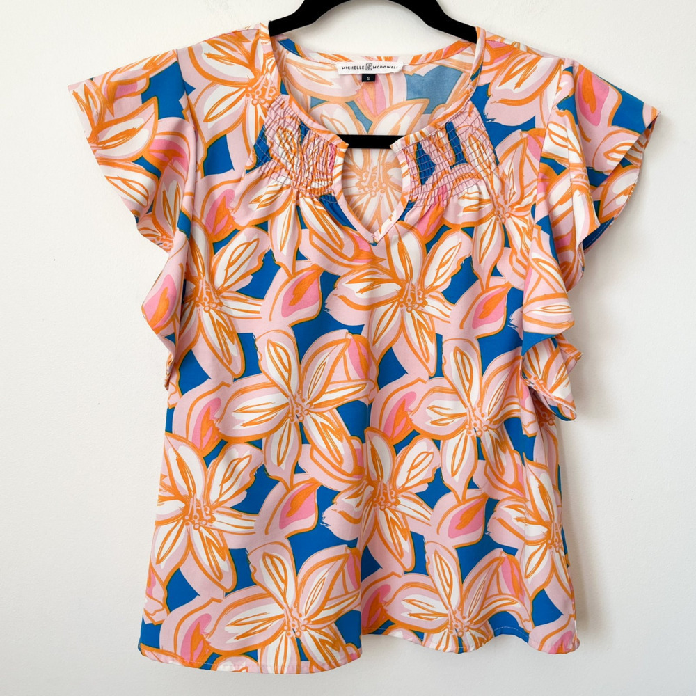 Michelle McDowell Tropical Floral Print Flutter Sleeve Notch Neck Top Resortwear